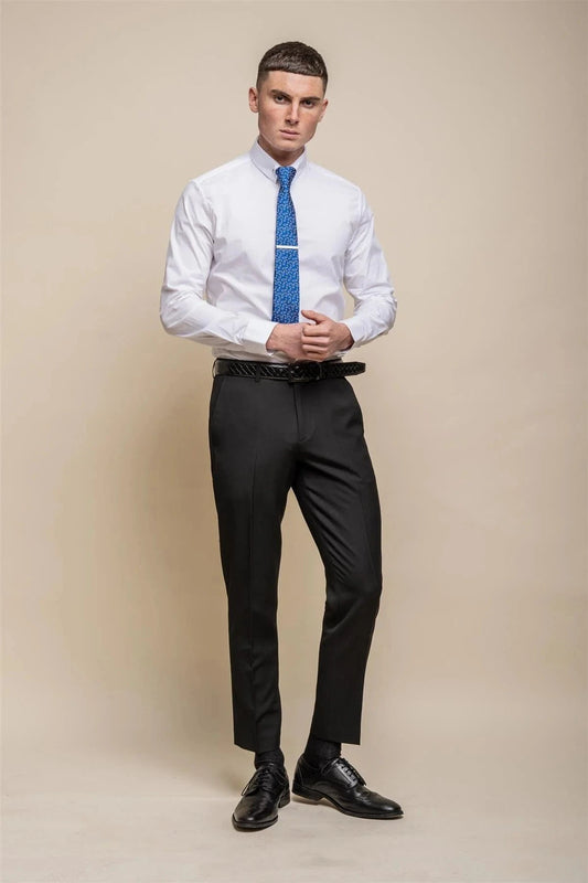 A man wearing a white long sleeve slim fit dress shirt with a pin collar, paired with a blue tie and black trousers.