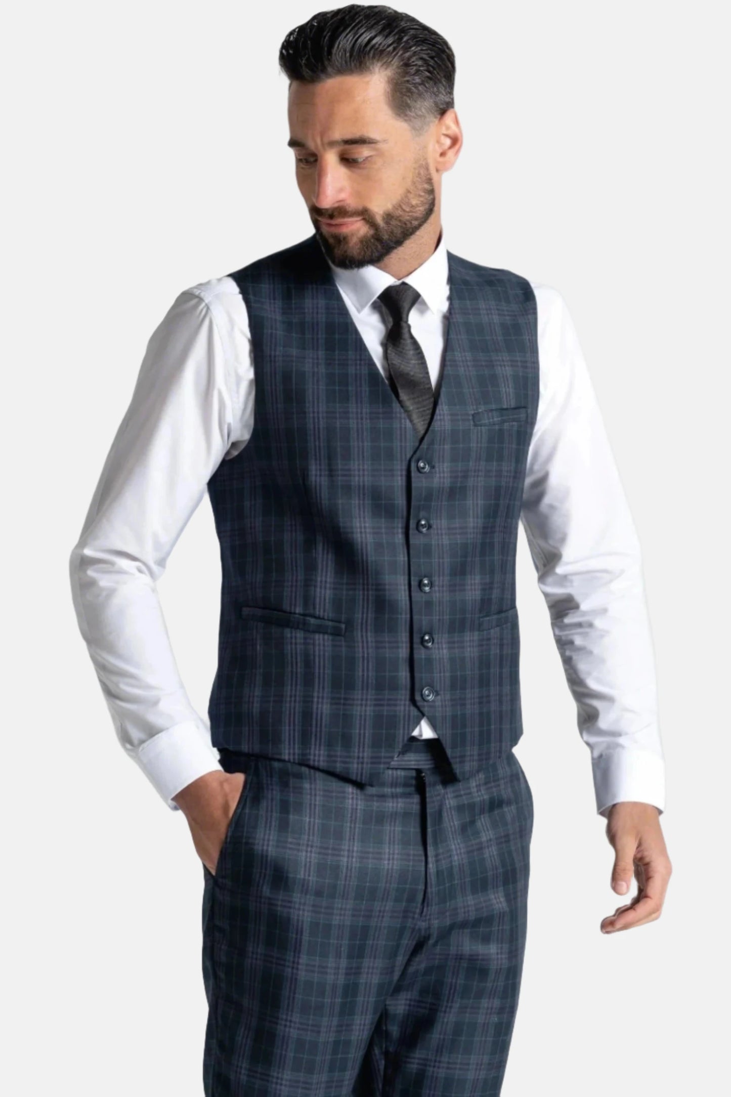 V2 CLASSIC CHARLES NAVY BLUE CHECK 3-PIECE SUIT