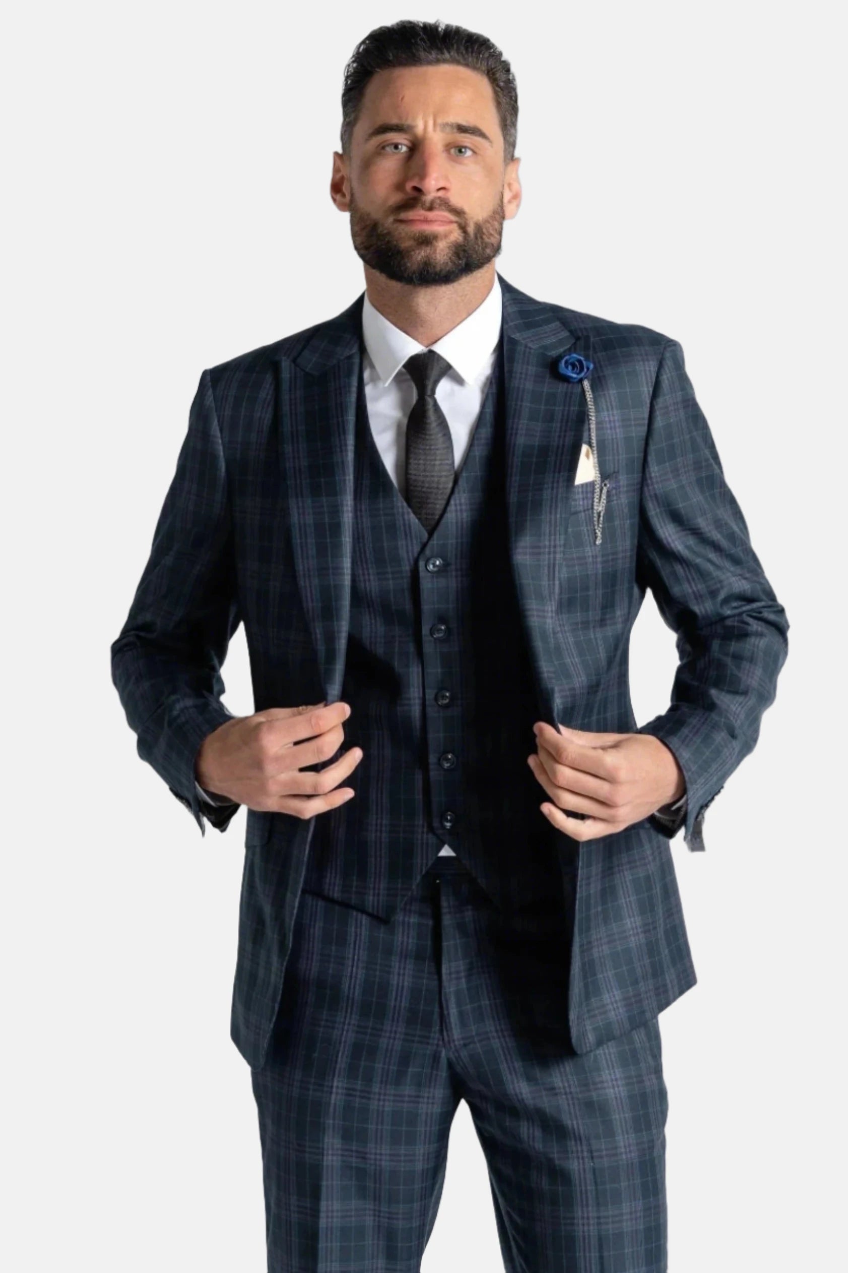 V2 Classic Charles Navy Blue Check 3Piece Suit Menz Suits