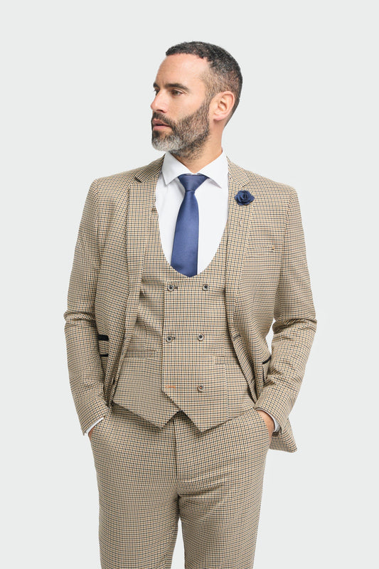 Cavani Elwood Tan Houndstooth 3-Piece Suit