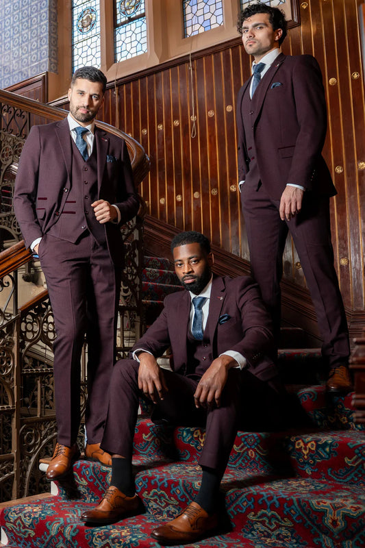 Paul Andrew Regent Wine Check Three Piece Suit