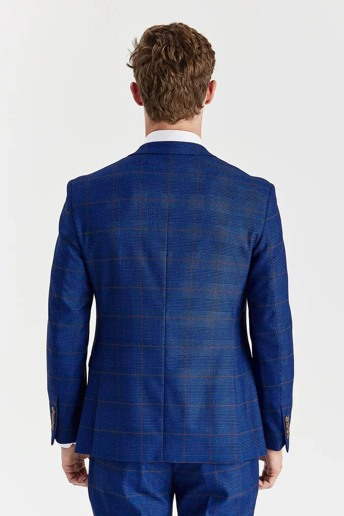 Rear view of a male model wearing the Paul Andrew Alex Blue Check Three Piece men’s suit from Menz Suits Stockport, highlighting tailored fit and double vents.