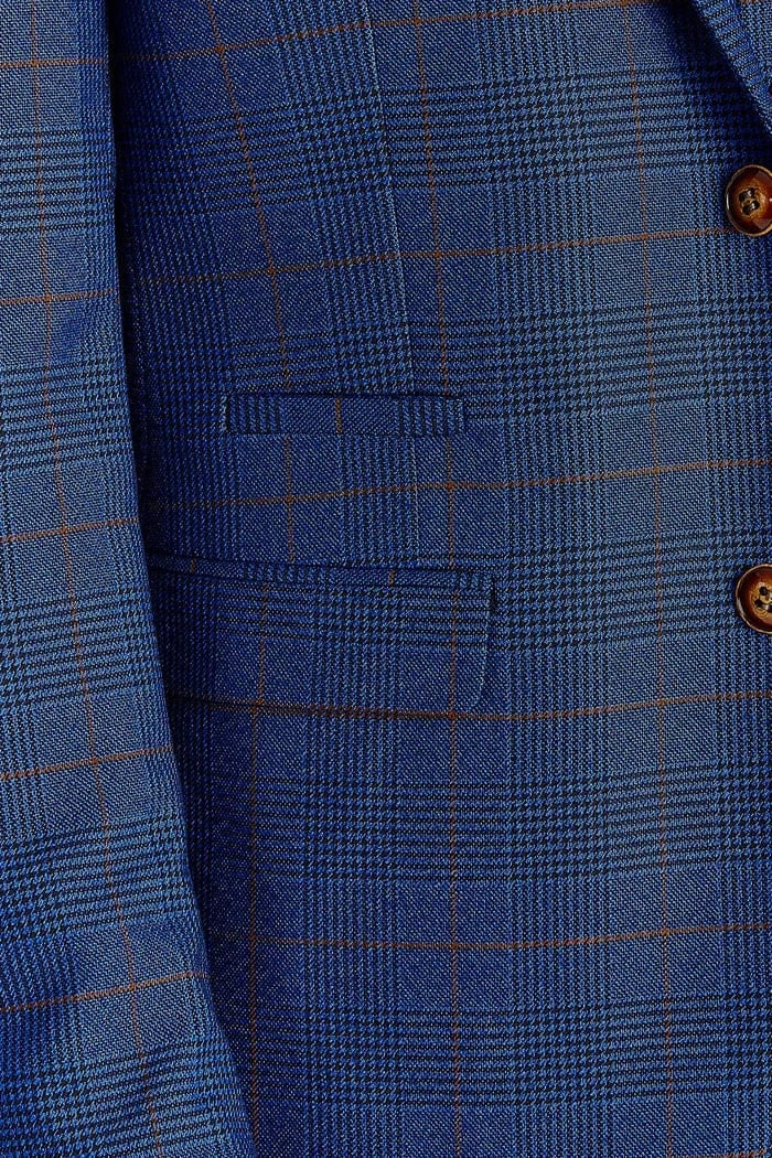 Close-up of the Paul Andrew Alex Blue Check Three Piece Suit jacket from Menz Suits Stockport, highlighting brown buttons, and brown check fabric.