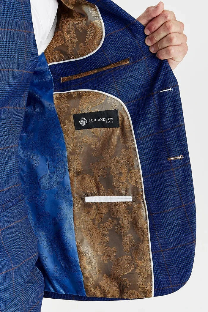 Inside view of the Paul Andrew Alex Blue Check men’s suit jacket from Menz Suits Stockport, featuring brown and blue paisley lining with fine stitching.
