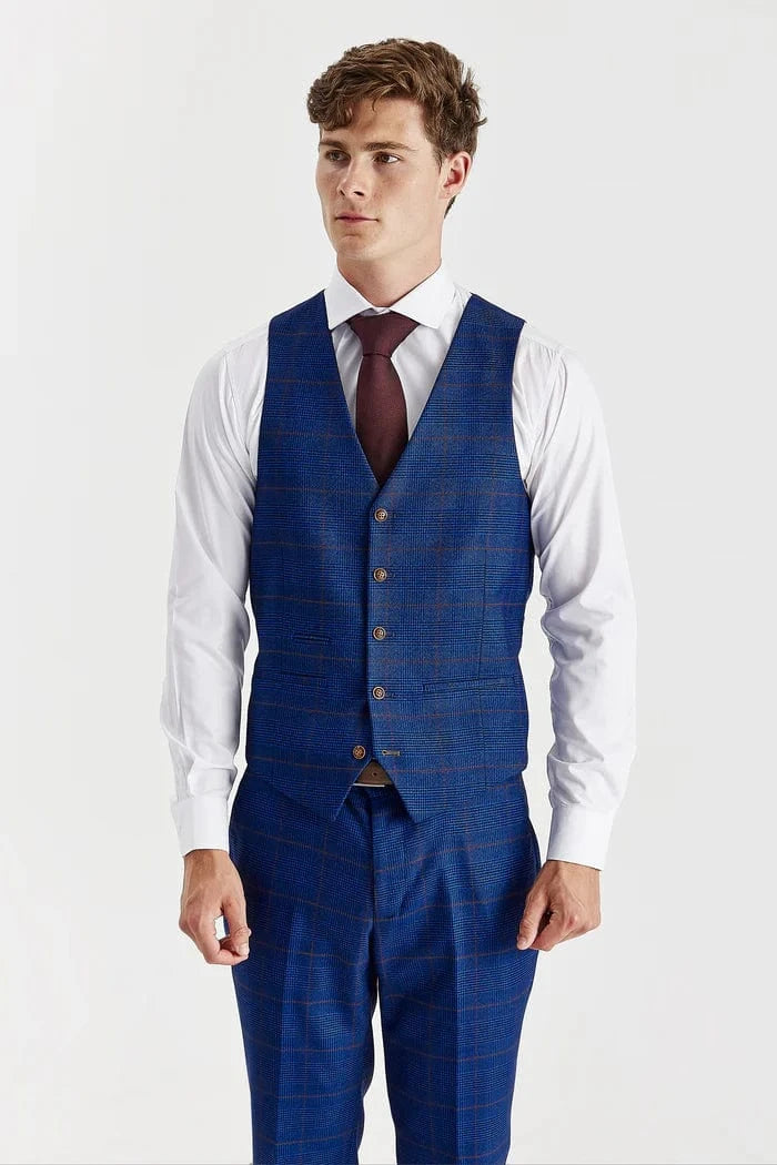 Front view of the Paul Andrew Alex Blue Check men’s waistcoat from Menz Suits Stockport, featuring matching brown checks and brown button detail.