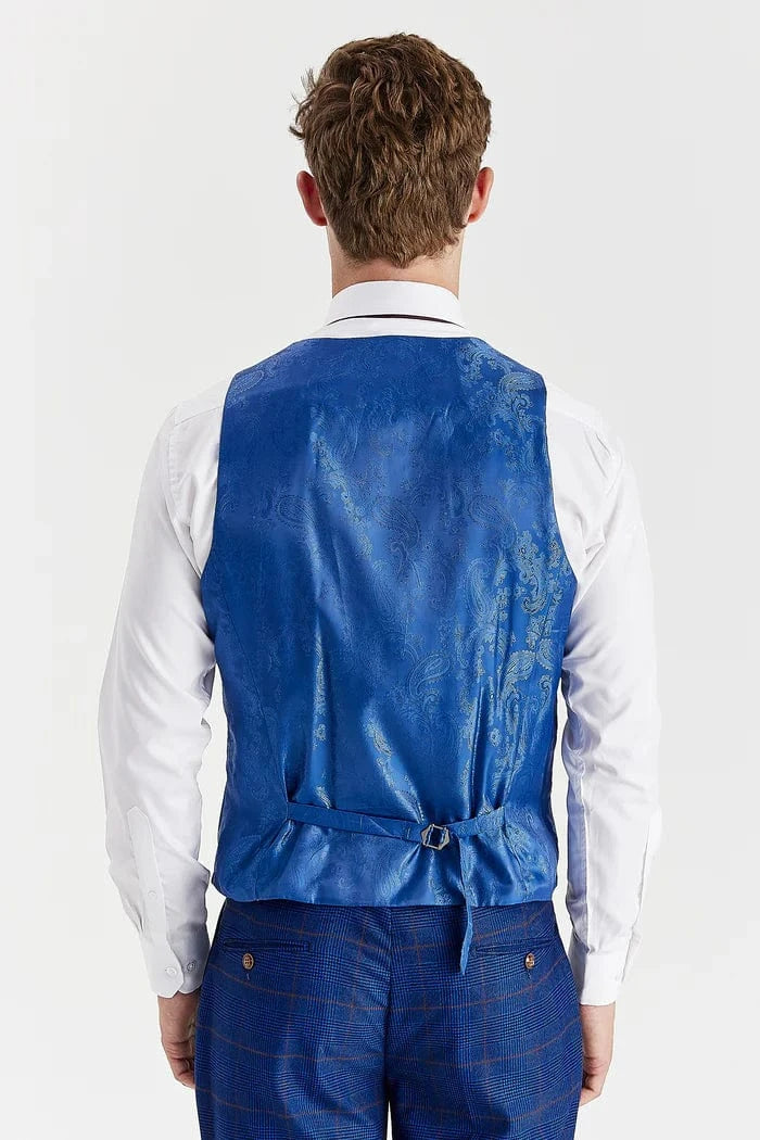 Rear view of the Paul Andrew Alex Blue Check men’s waistcoat from Menz Suits Stockport, showing adjustable back strap and blue paisley fabric.