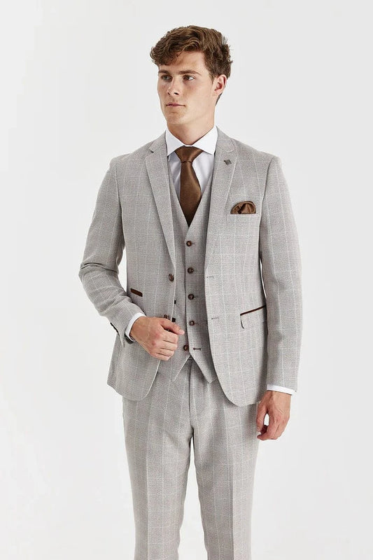 Close-up front view of the Paul Andrew Leo Beige Check men’s suit from Menz Suits Stockport, showing fine beige check pattern and brown button detail.