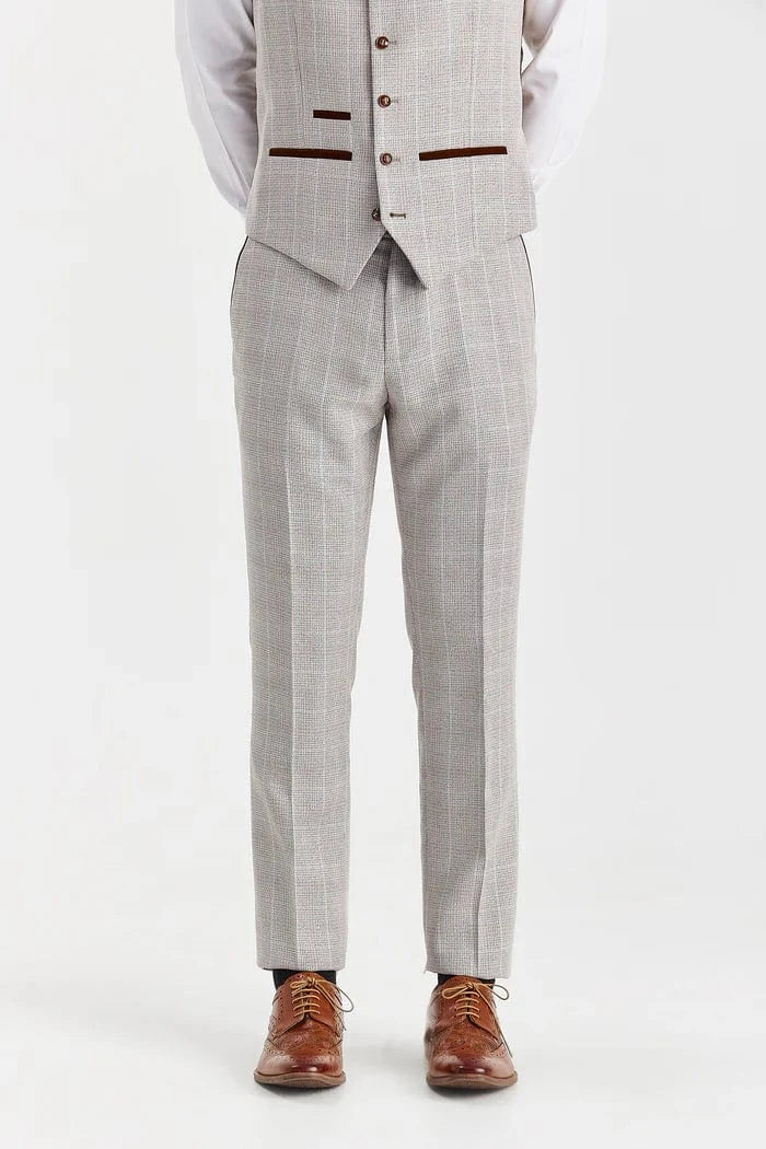 Front view of the Paul Andrew Leo Beige Check men’s suit trousers from Menz Suits Stockport, slim tailored fit in soft beige check fabric.