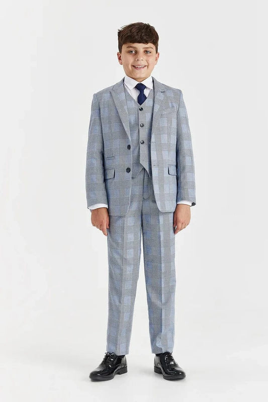 Paul Andrew Mark Sky Blue Check Boys 3-Piece Suit