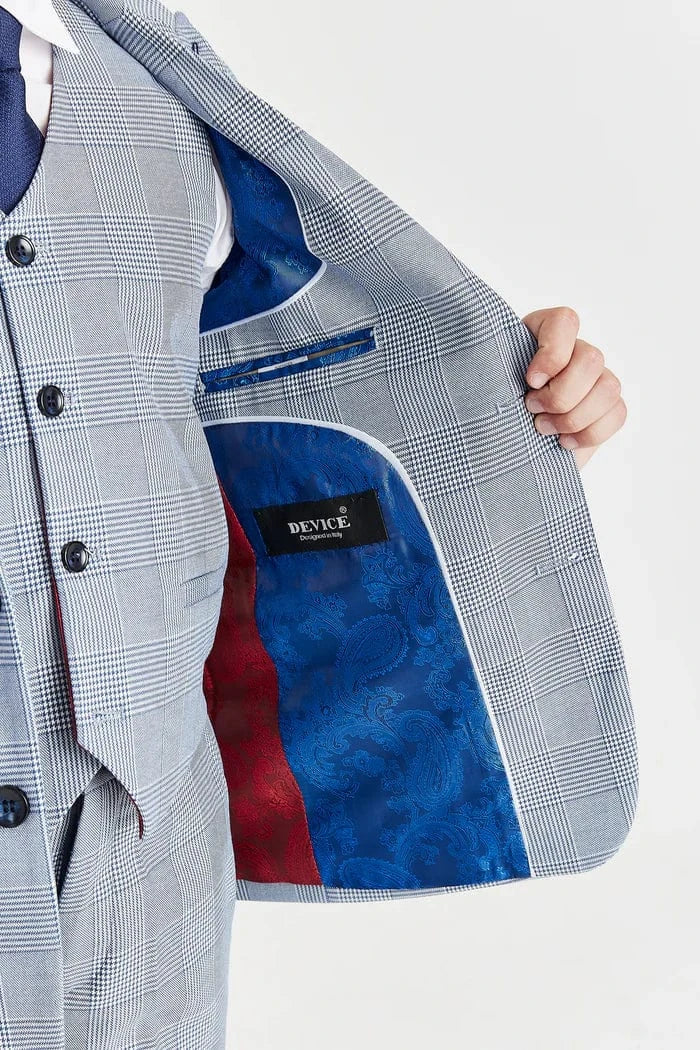 Paul Andrew Mark Sky Blue Check Boys 3-Piece Suit