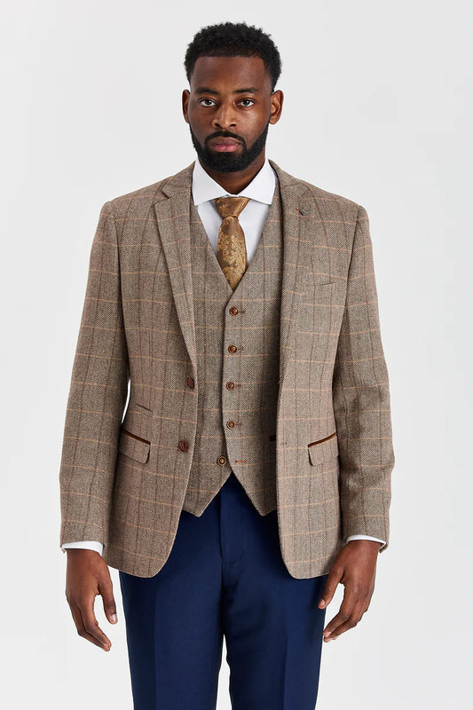 Paul Andrew Harris Brown Tweed Three Piece Suit with Mayfair Navy Trousers