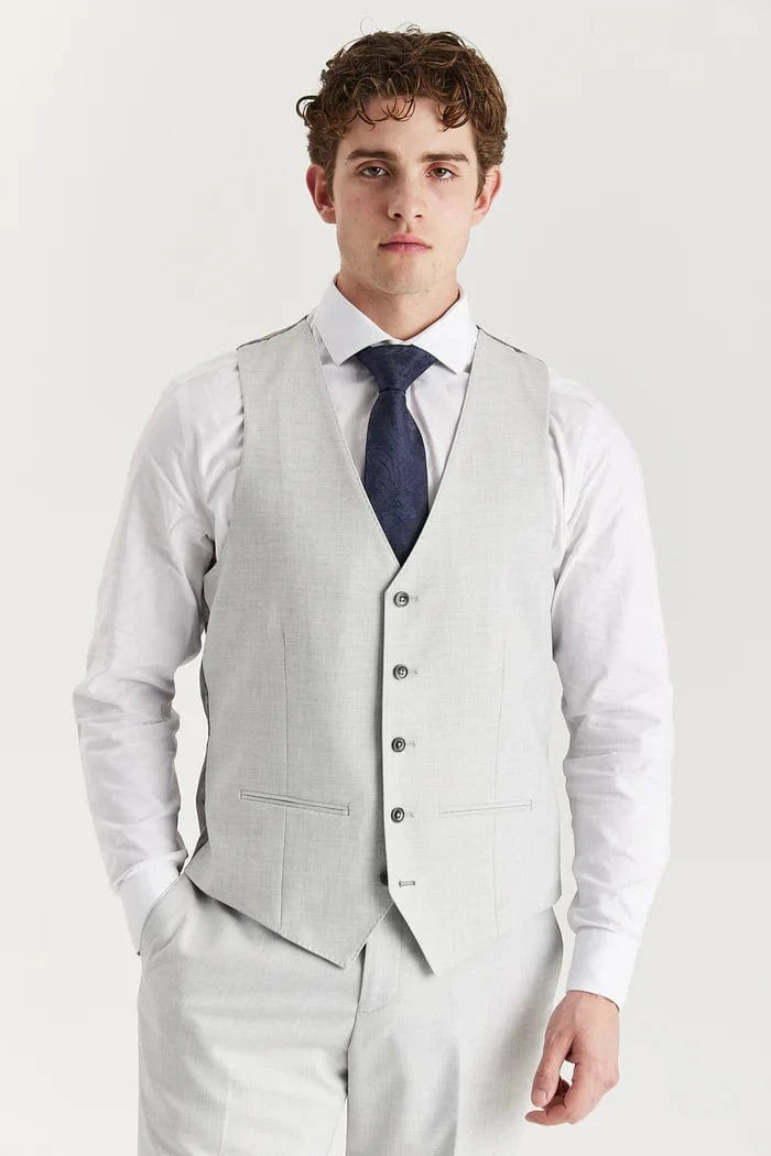 Front view of the Paul Andrew Belmont Light Grey men’s waistcoat from Menz Suits Stockport, featuring matching light grey tone and button detailing.