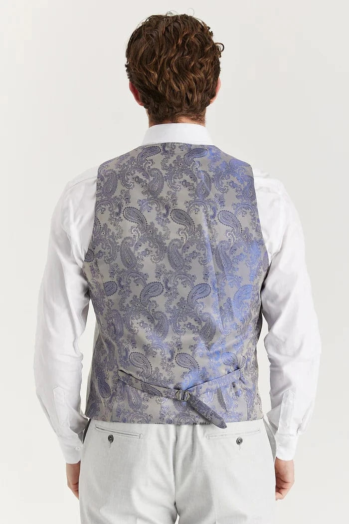 Rear view of the Paul Andrew Belmont Light Grey men’s waistcoat from Menz Suits Stockport, showing adjustable back strap and grey and navy paisley finish.