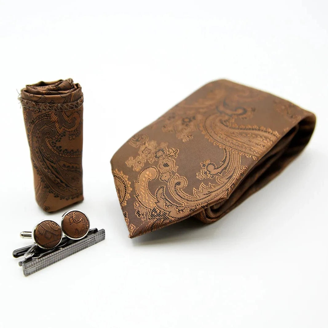 Paul Andrew brown paisley tie, cufflinks, and pocket square on a white background