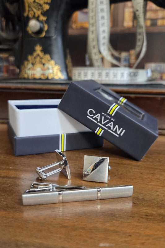 Cavani Silver Cufflinks & Tie Clip Set