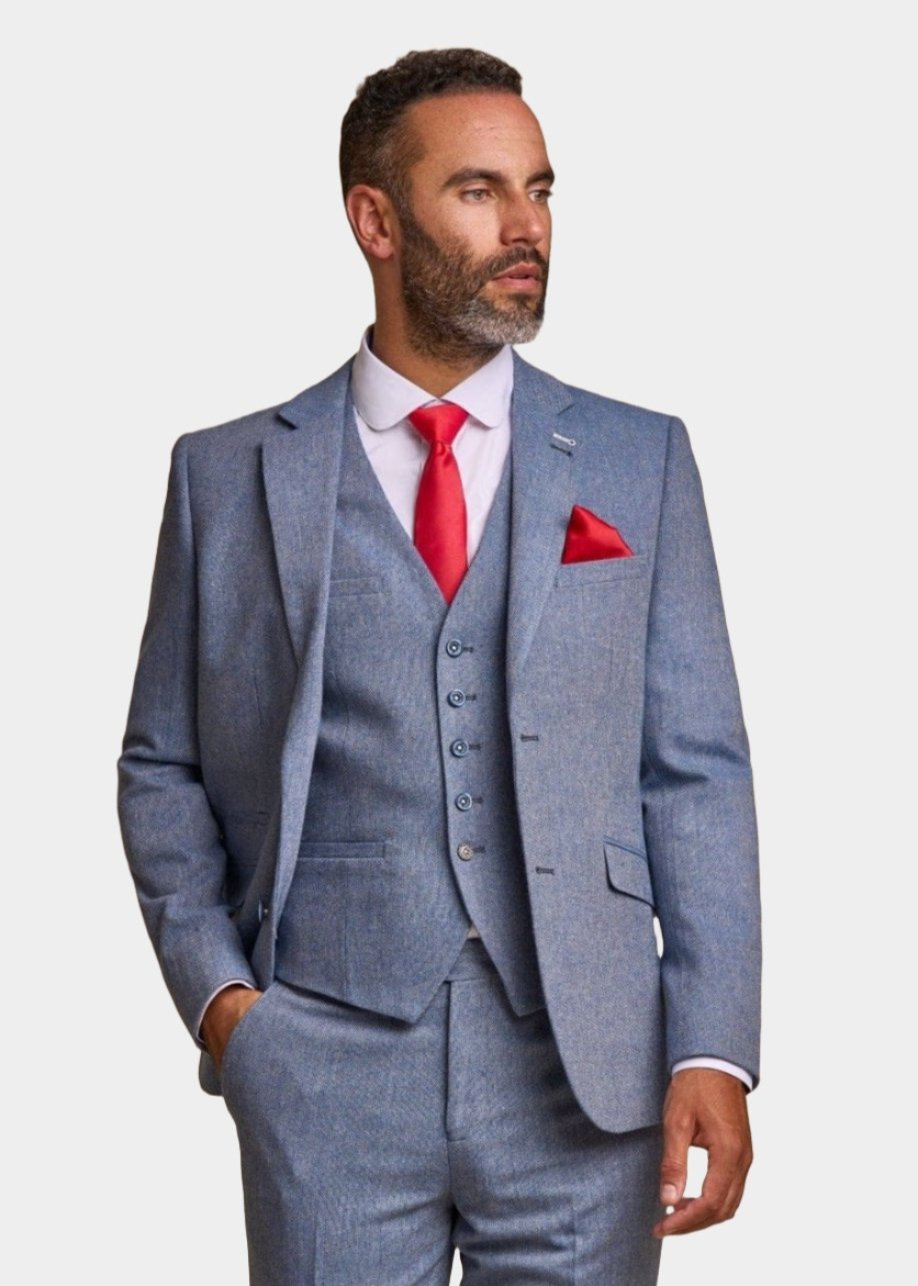 CAVANI WELLS BLUE TWEED 3-PIECE SUIT