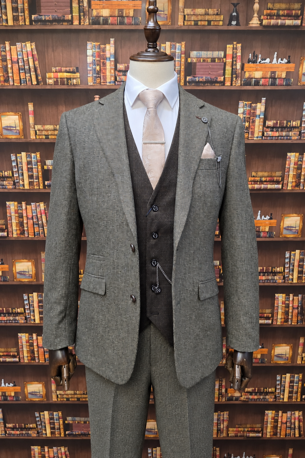 Cavani Thomas Sage Tweed Three Piece Suit styled with brown waistcoat, sand paisley tie and white shirt