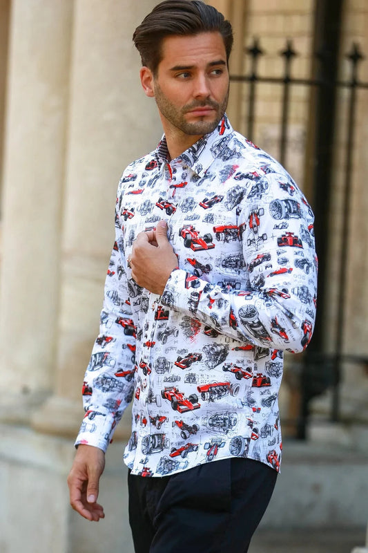 Man wearing a Claudio Lugli pit lane F1 shirt with Formula one car pattern standing outdoors.
