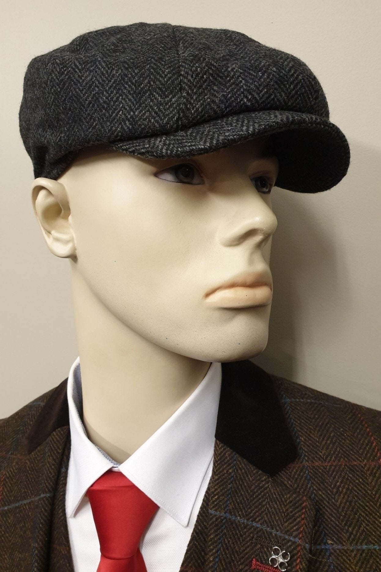 GREY TWEED HERRINGBONE NEWSBOY CAP