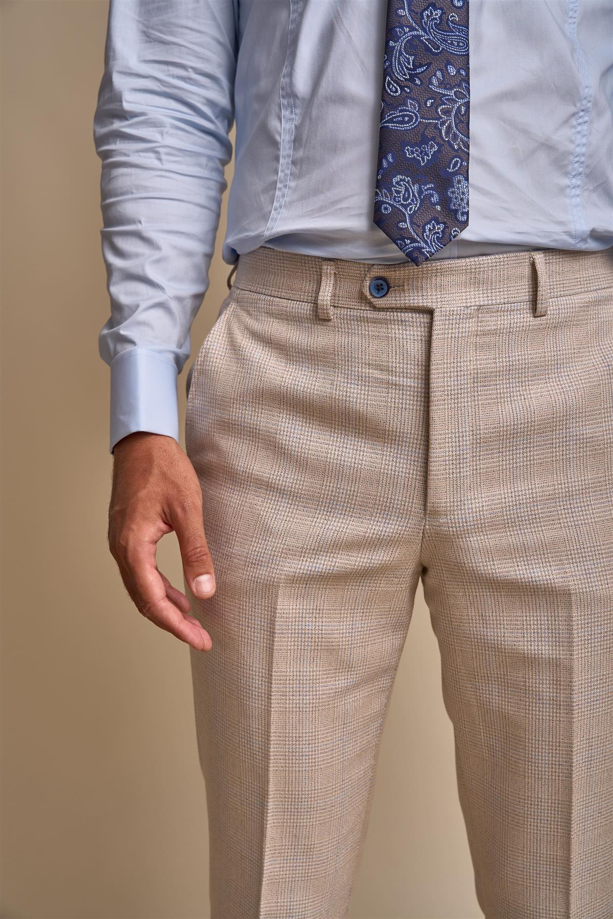 CARIDI BEIGE CHECK SLIM FIT TROUSERS