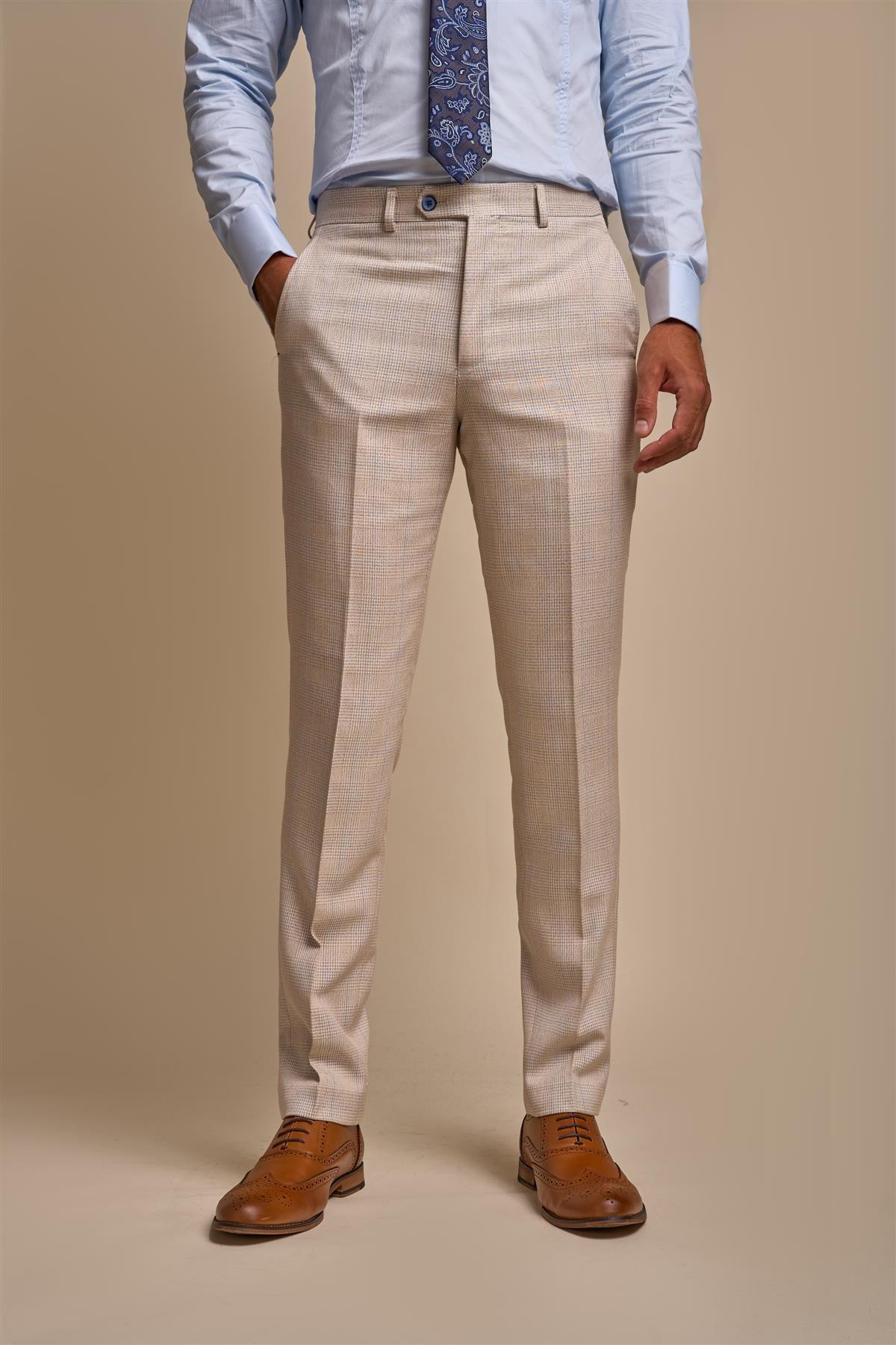 CARIDI BEIGE CHECK SLIM FIT TROUSERS