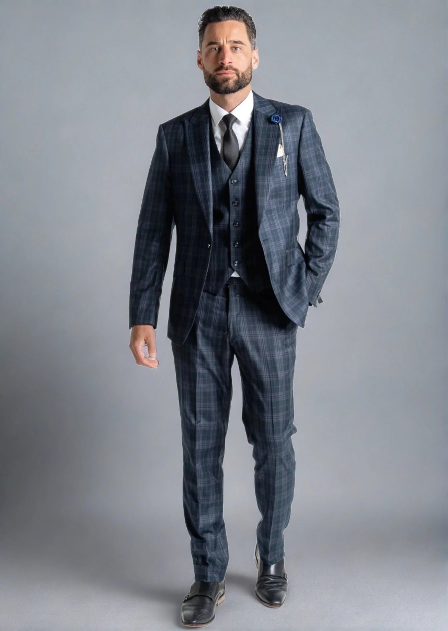 CHARLES NAVY BLUE CHECK 3-PIECE SUIT