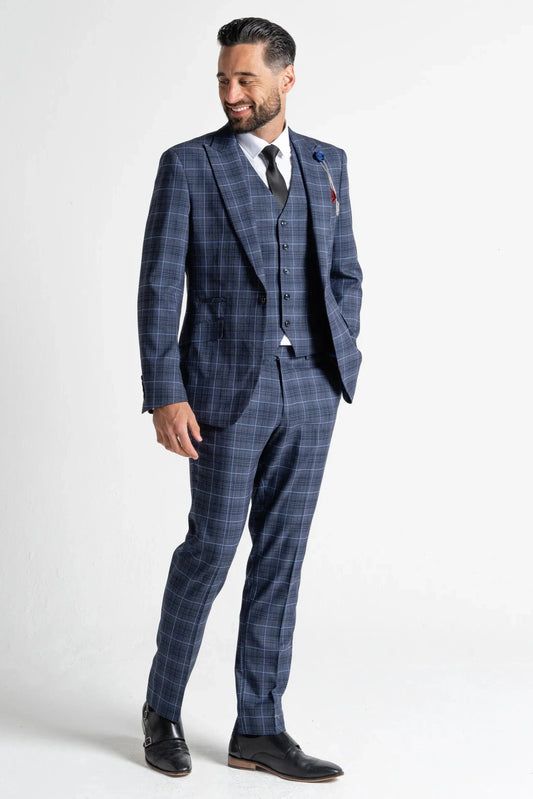 V2 CLASSIC CHARLES SUBMARINE BLUE CHECK 3-PIECE SUIT