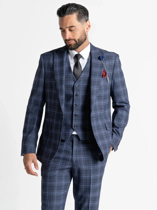 V2 CLASSIC CHARLES SUBMARINE BLUE CHECK 3-PIECE SUIT