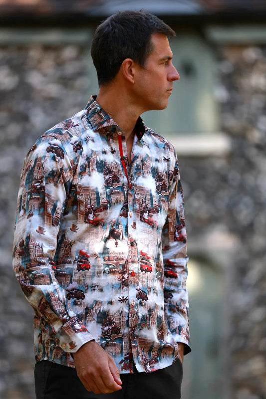 CLAUDIO LUGLI MENS STEAMPUNK CITY PRINT SHIRT