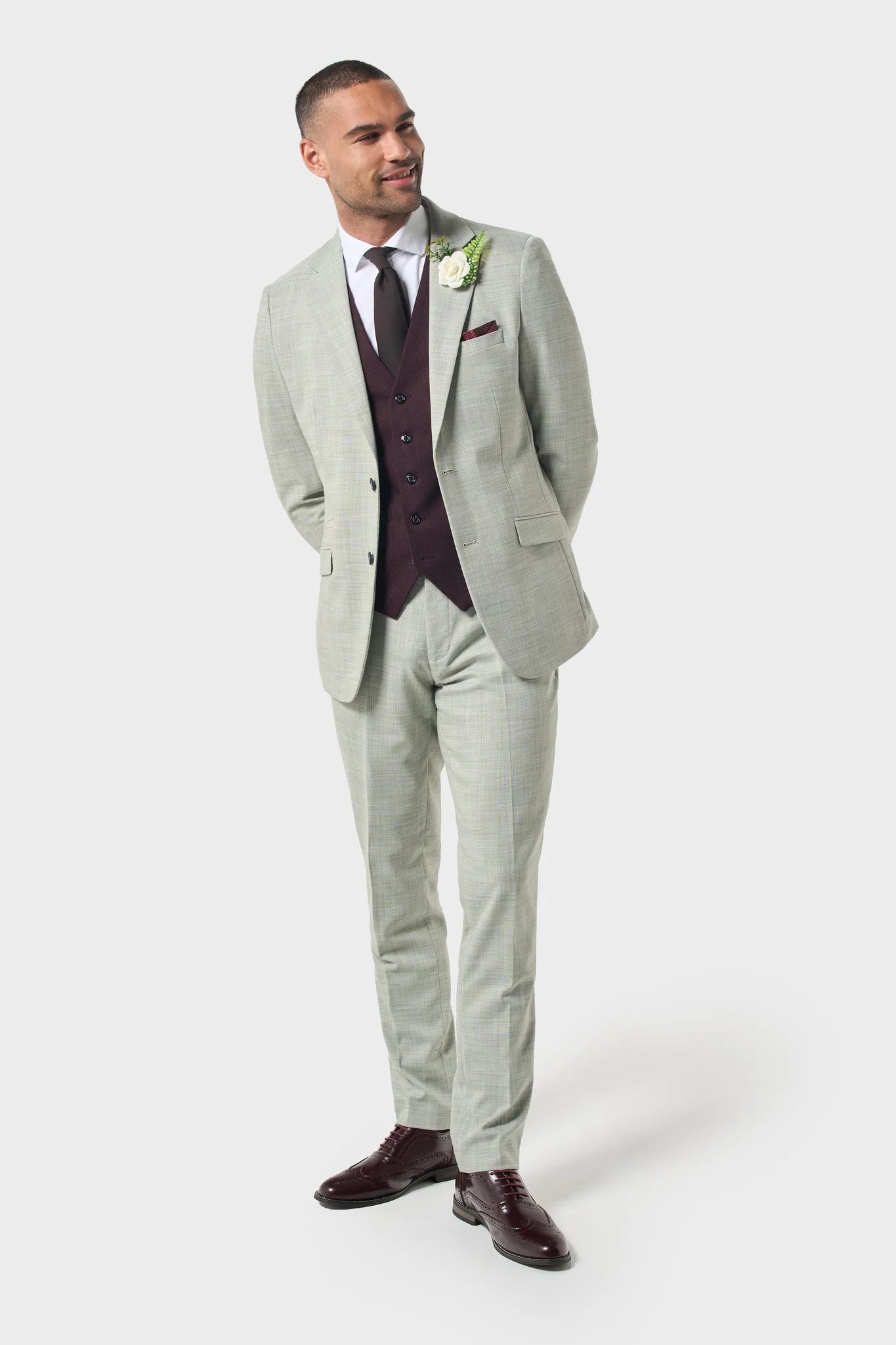 Camden Sage blazer and trousers with Caridi Wine waistcoat wedding look