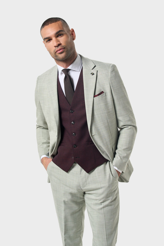 Cavani Camden Sage and Caridi Wine three piece wedding suit for men