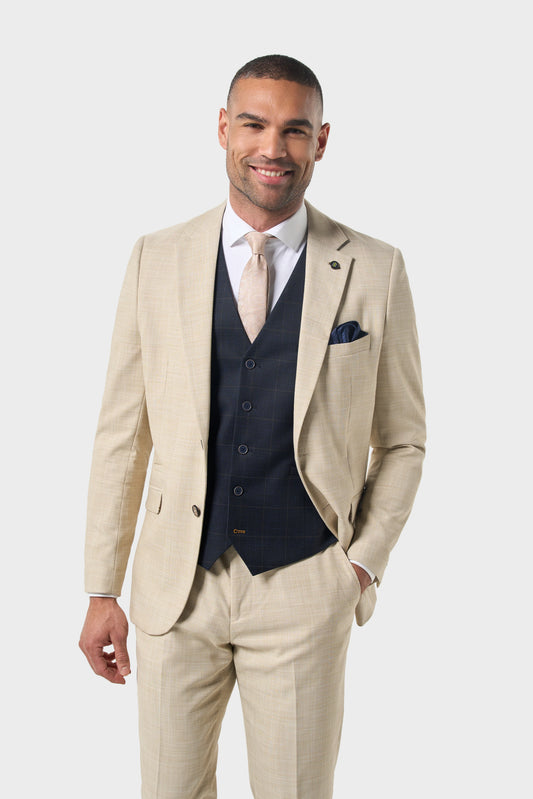 Cavani Camden Beige Three Piece Suit With Torino Navy Waistcoat