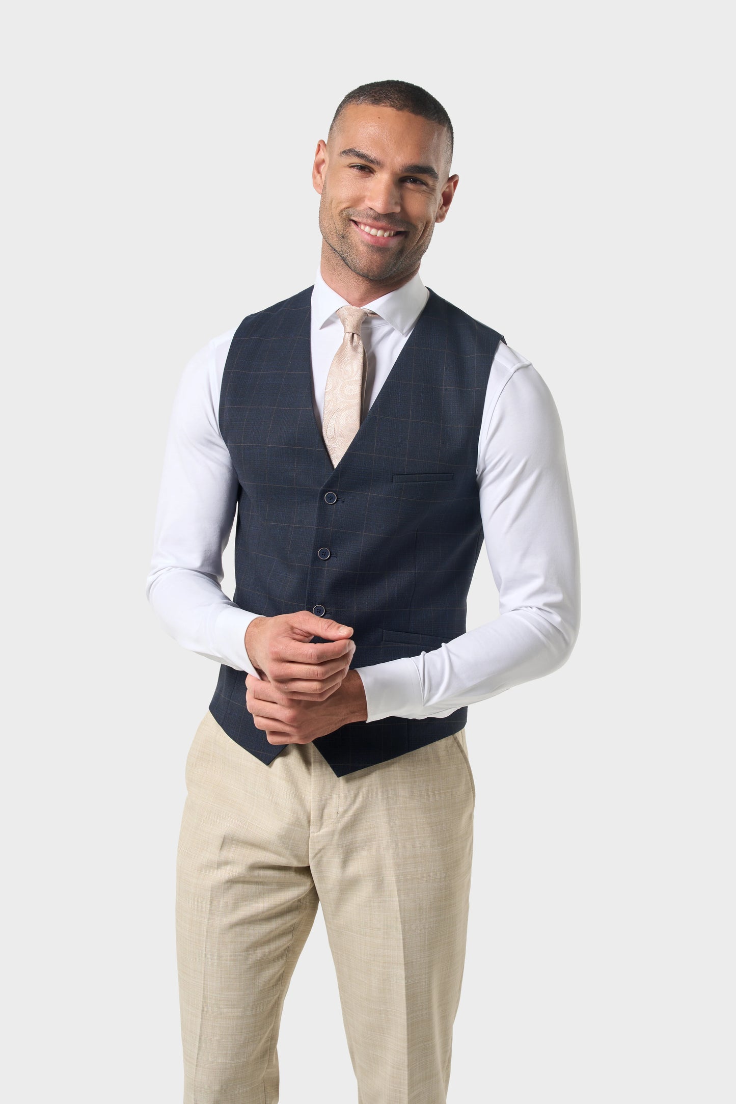 Cavani Camden Beige Three Piece Suit With Torino Navy Waistcoat