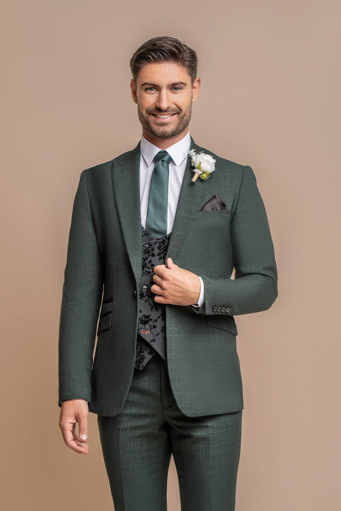 CARIDI OLIVE SUIT WITH GEORGI FLORAL WAISTCOAT