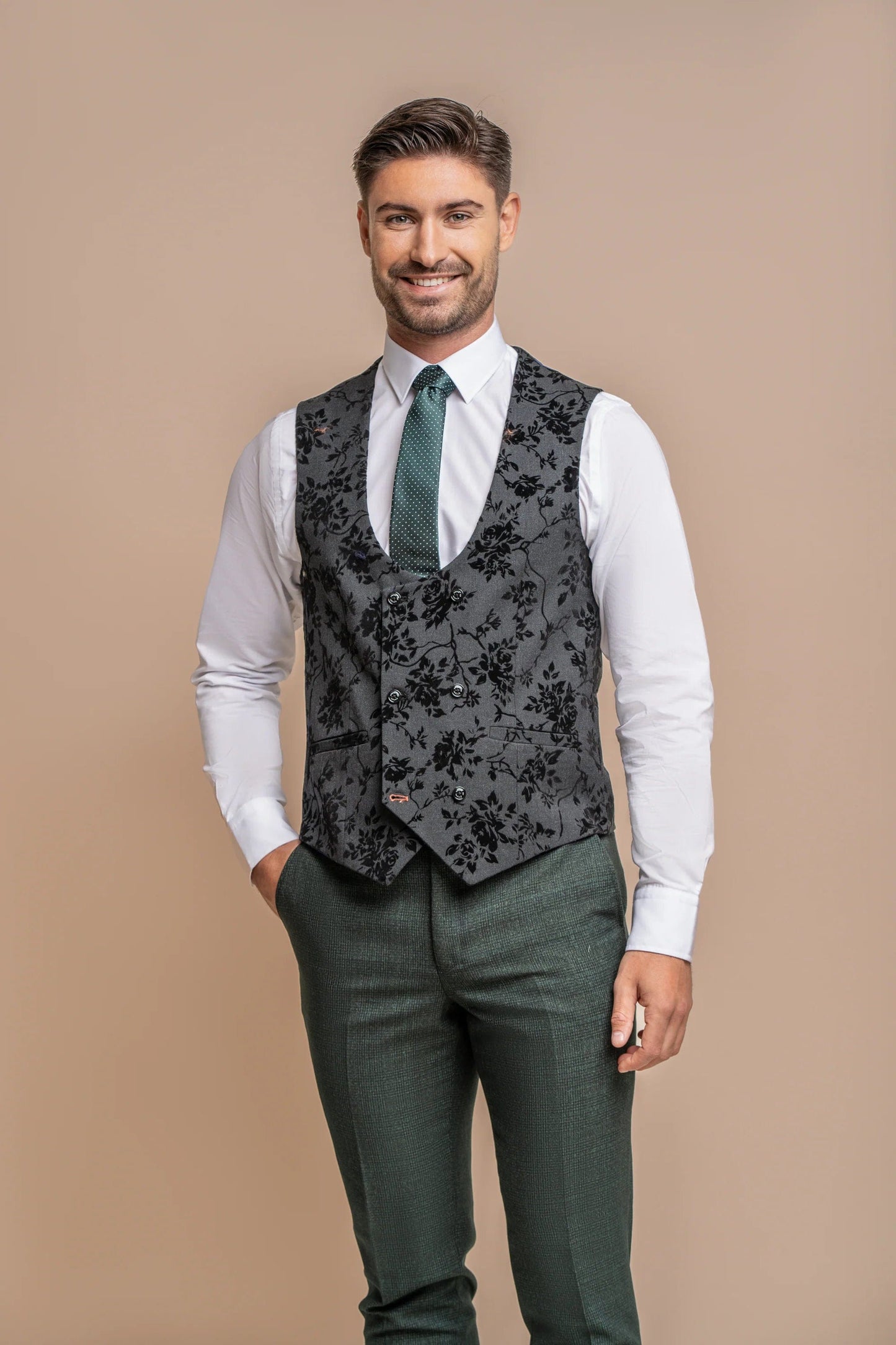 CARIDI OLIVE SUIT WITH GEORGI FLORAL WAISTCOAT