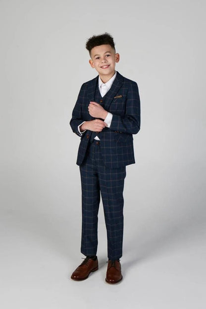 HAMLEYS BOYS NAVY CHECK 3 PIECE SUIT