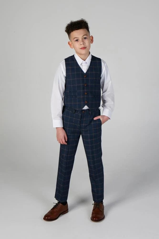 HAMLEYS BOYS NAVY CHECK 3 PIECE SUIT