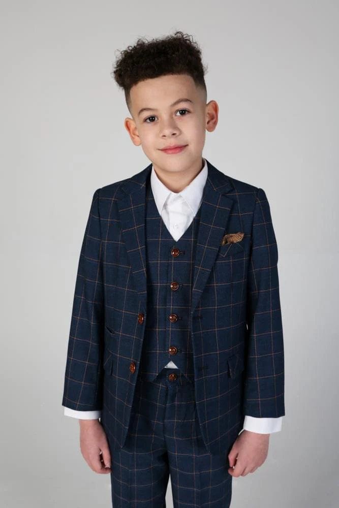 HAMLEYS BOYS NAVY CHECK 3 PIECE SUIT