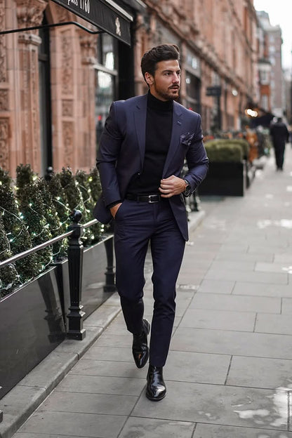 Man in a navy suit walking on a city street