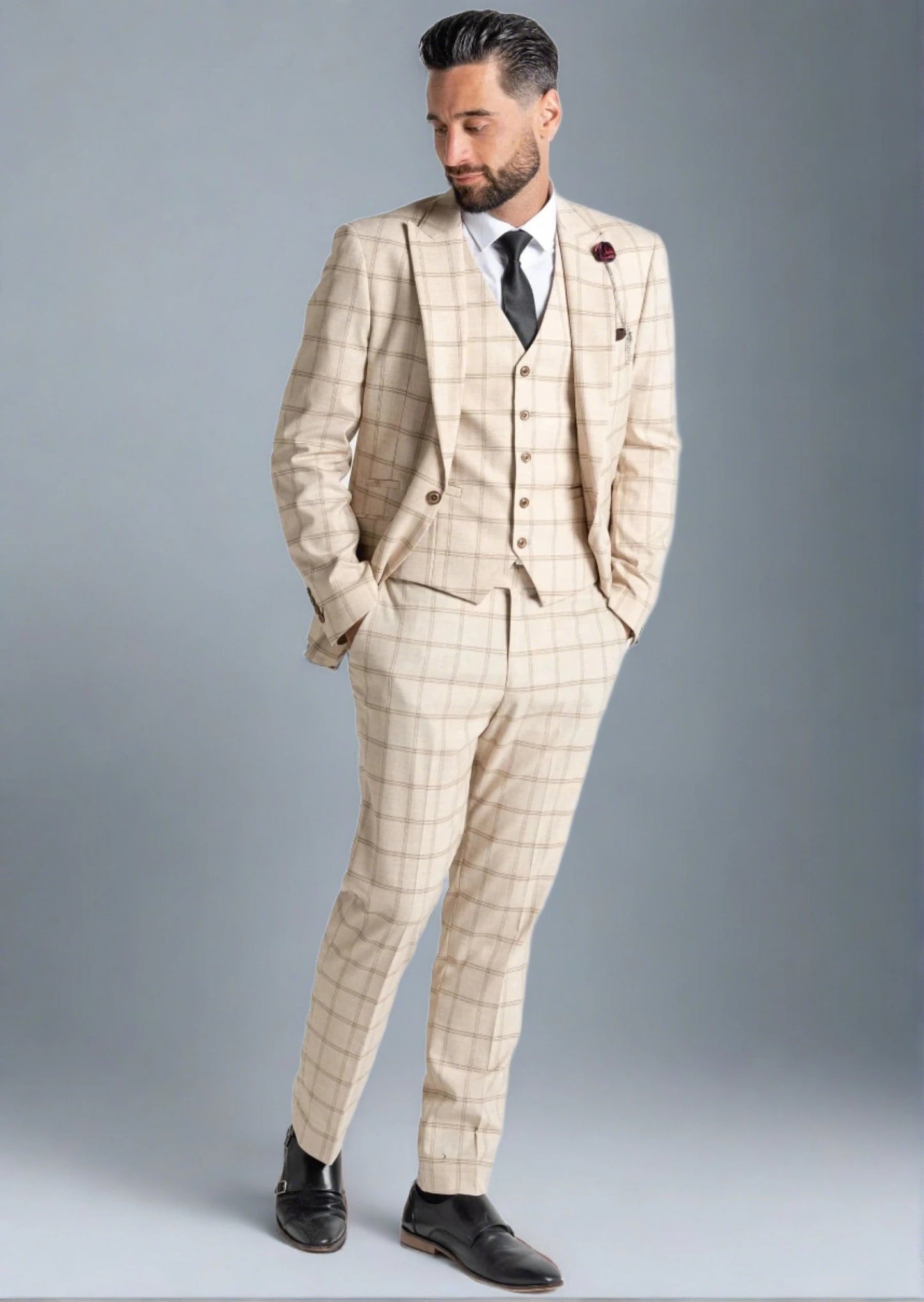 OXFORD SAND WITH BROWN CHECK 3-PIECE SUIT