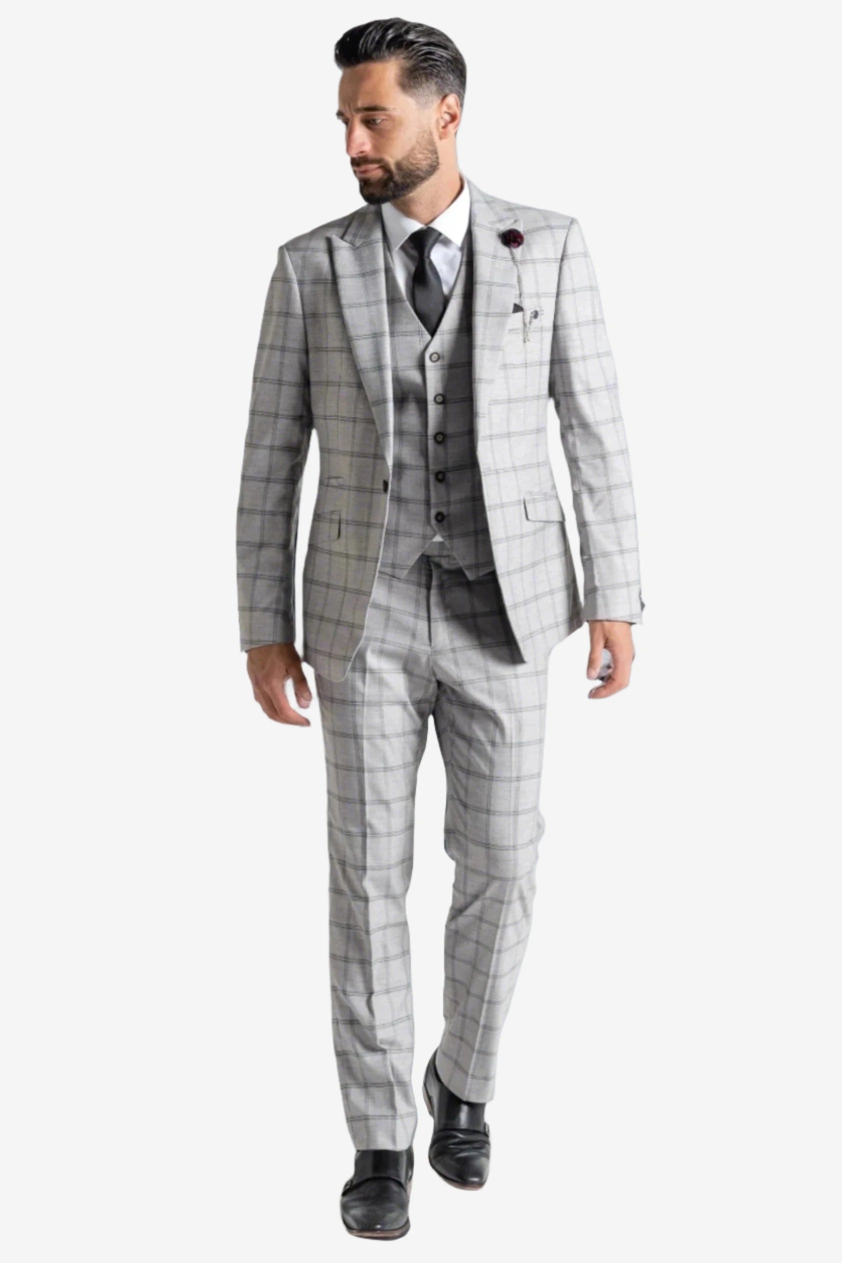 V2 Classic Oxford Soft Grey with Black Check 3-Piece Suit | Menz Suits