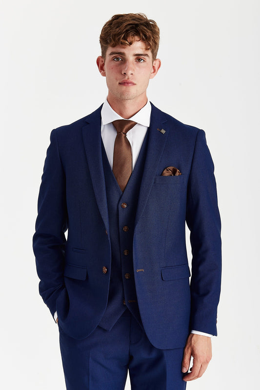 Paul Andrew Mayfair Blue suit close-up showing tailored jacket and waistcoat detail – Menz Suits