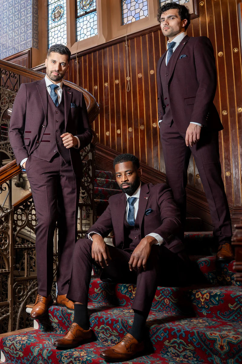 Paul Andrew Regent Wine Check Three Piece Suit