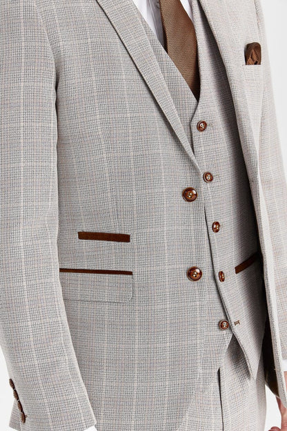 Paul Andrew Leo Beige Check 3-Piece Suit
