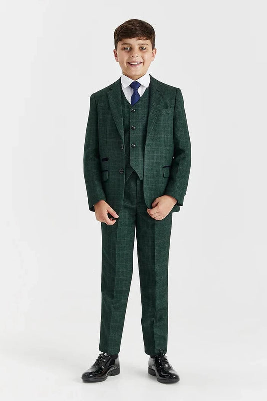 Young boy wearing a Paul Andrew Leo green check tweed suit with a white shirt and blue tie, perfect for weddings or formal events, on a white background.