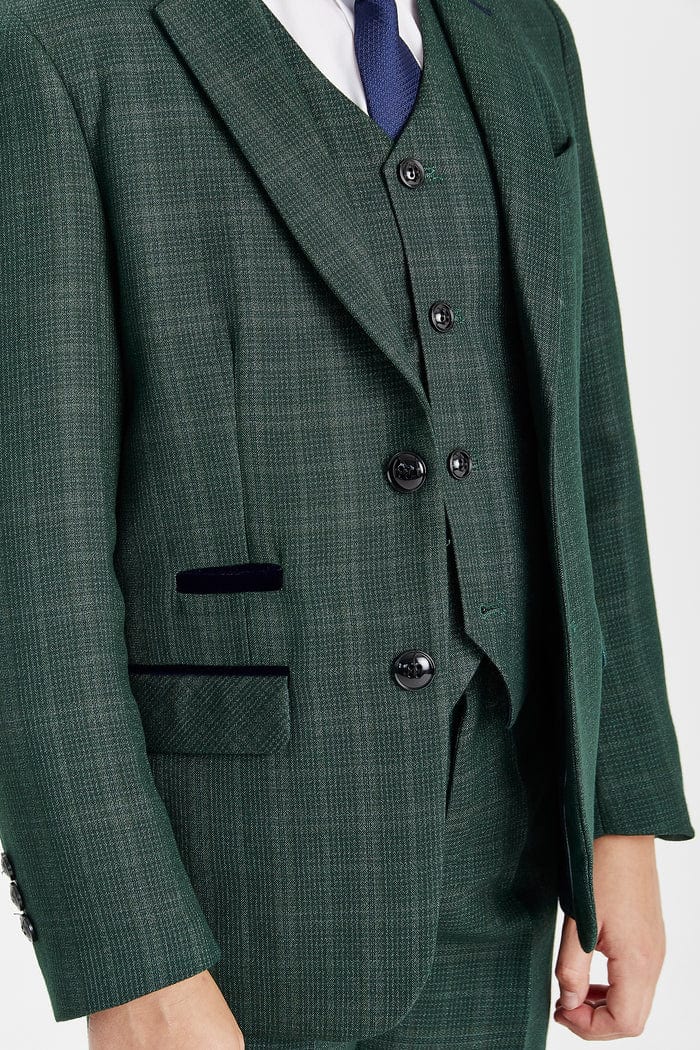 Green checkered suit jacket with a white shirt and blue tie on a white background