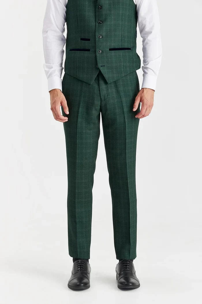 Green checkered suit with white shirt and black shoes on a white background