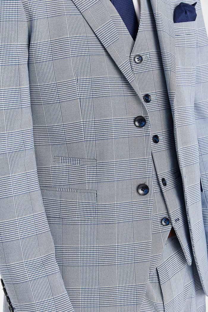 Sky blue checkered suit jacket with buttons and a pocket square.