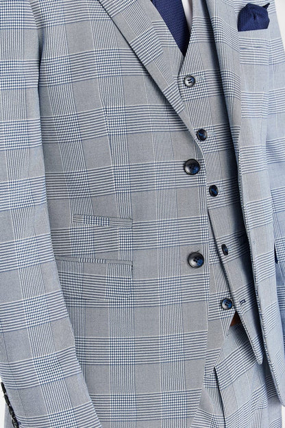 Sky blue checkered suit jacket with buttons and a pocket square.