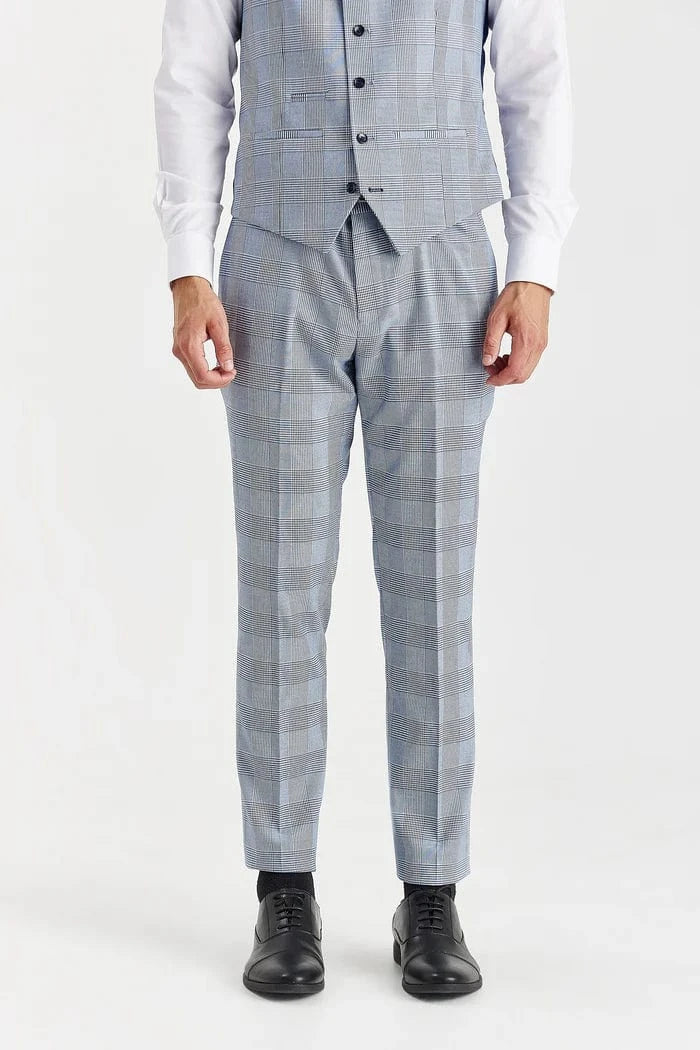Sky blue checkered suit with white shirt and black shoes on a white background